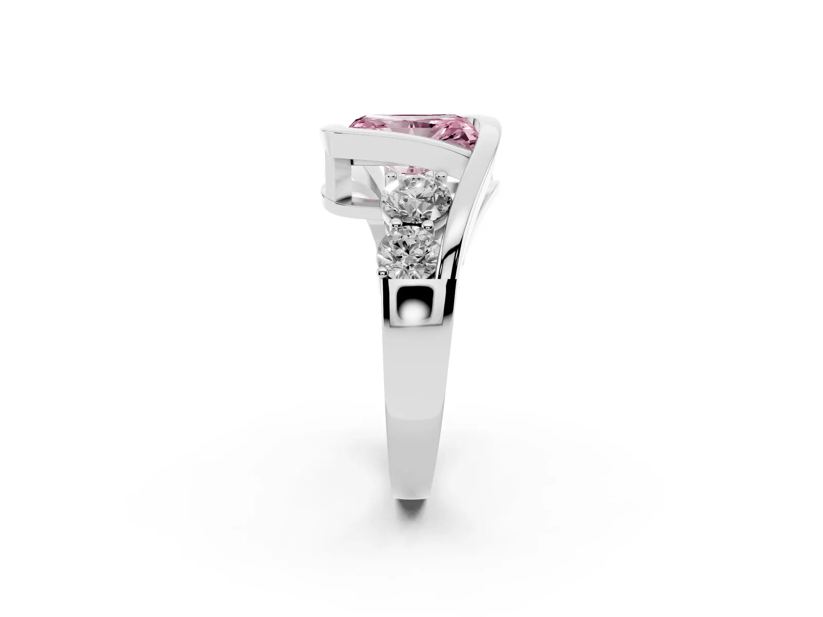 Fancy Pink Bezel Set Radiant Cut Diamond Bypass Ring with Round Accents White gold