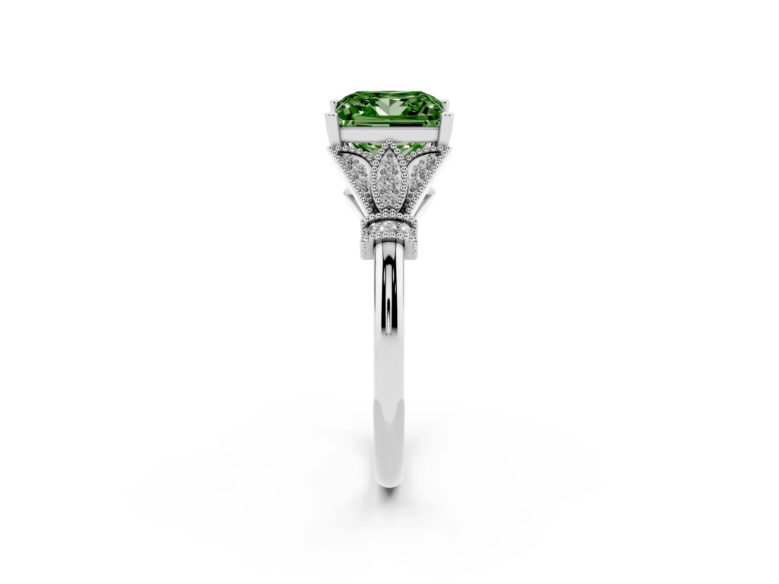 Fancy Green Princess Cut Diamond Solitaire Ring with Floral Filigree and Pave Accents Platinum