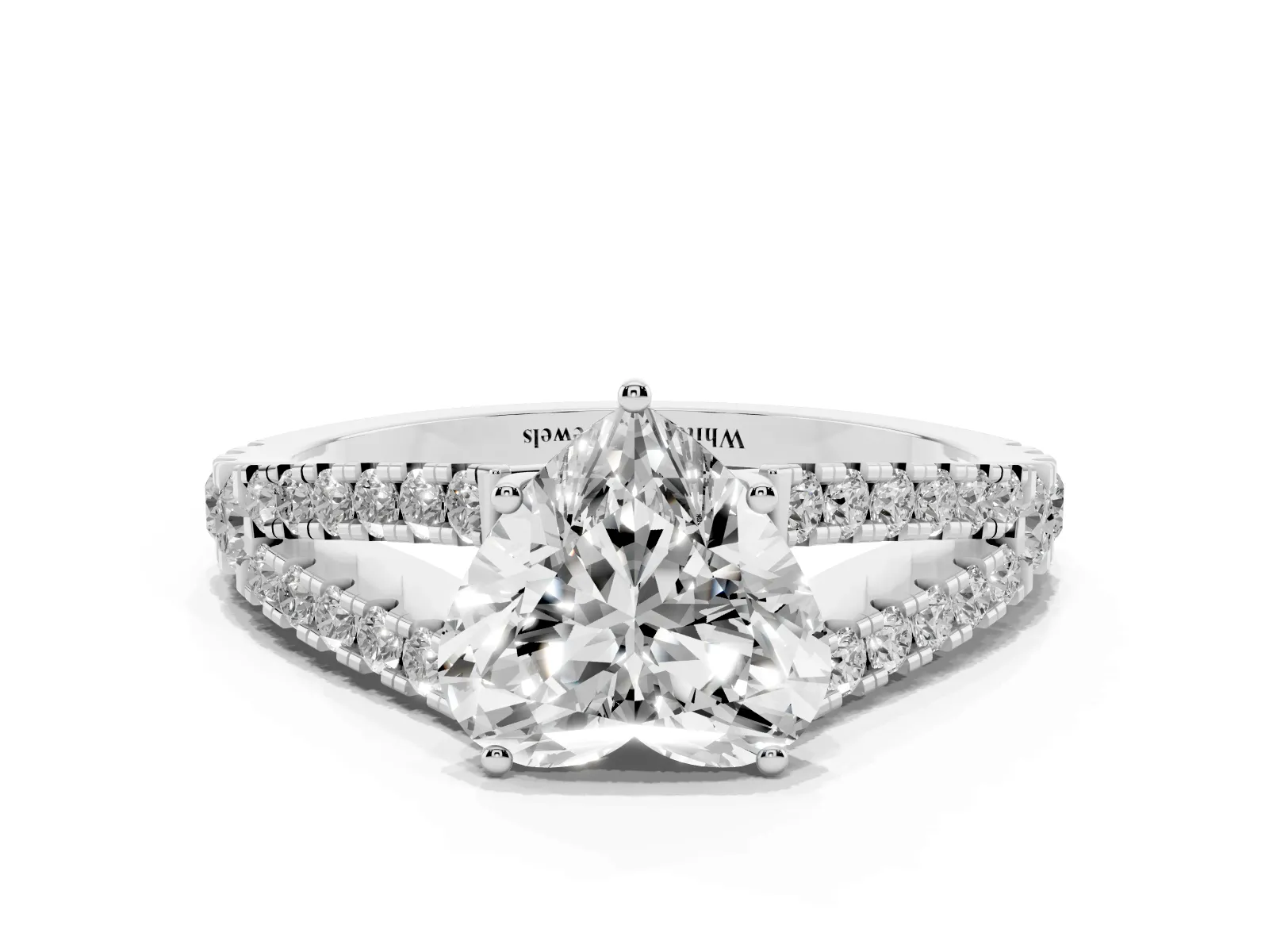 Heart Cut Diamond Split Shank Engagement Ring with Round Pavé and Prong Setting White gold