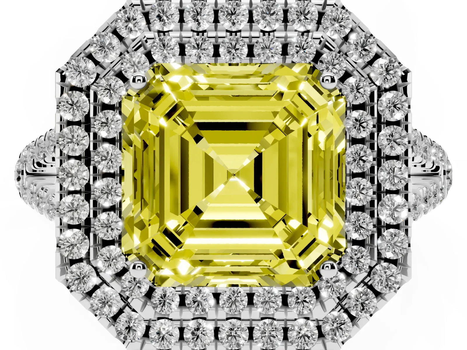 Fancy Yellow Asscher Cut Diamond Double Halo Ring with Pavé Band and Prong Setting Platinum