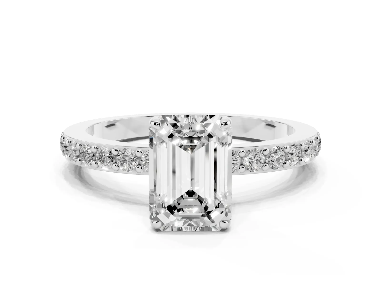 Emerald Cut Diamond Solitaire Engagement Ring with Pavé Band and Four-Prong Setting White gold