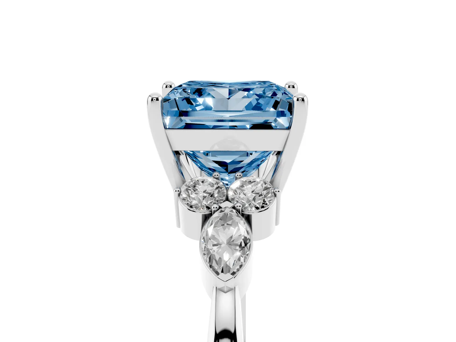 Fancy Blue Princess Cut Brilliant Diamond Solitaire Ring with Pear Side Stones and Four-Prong Setting Platinum