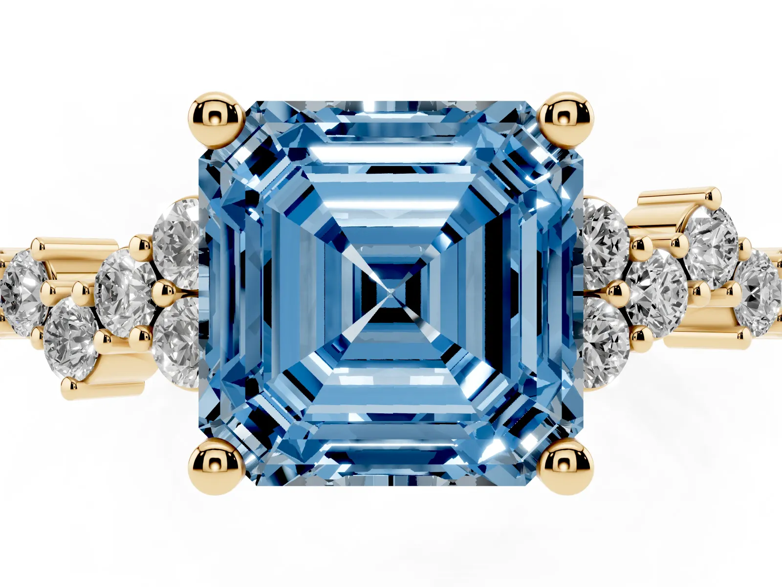 Fancy Blue Asscher Cut Diamond Scattered Round Accent Ring with Prong Setting Yellow gold