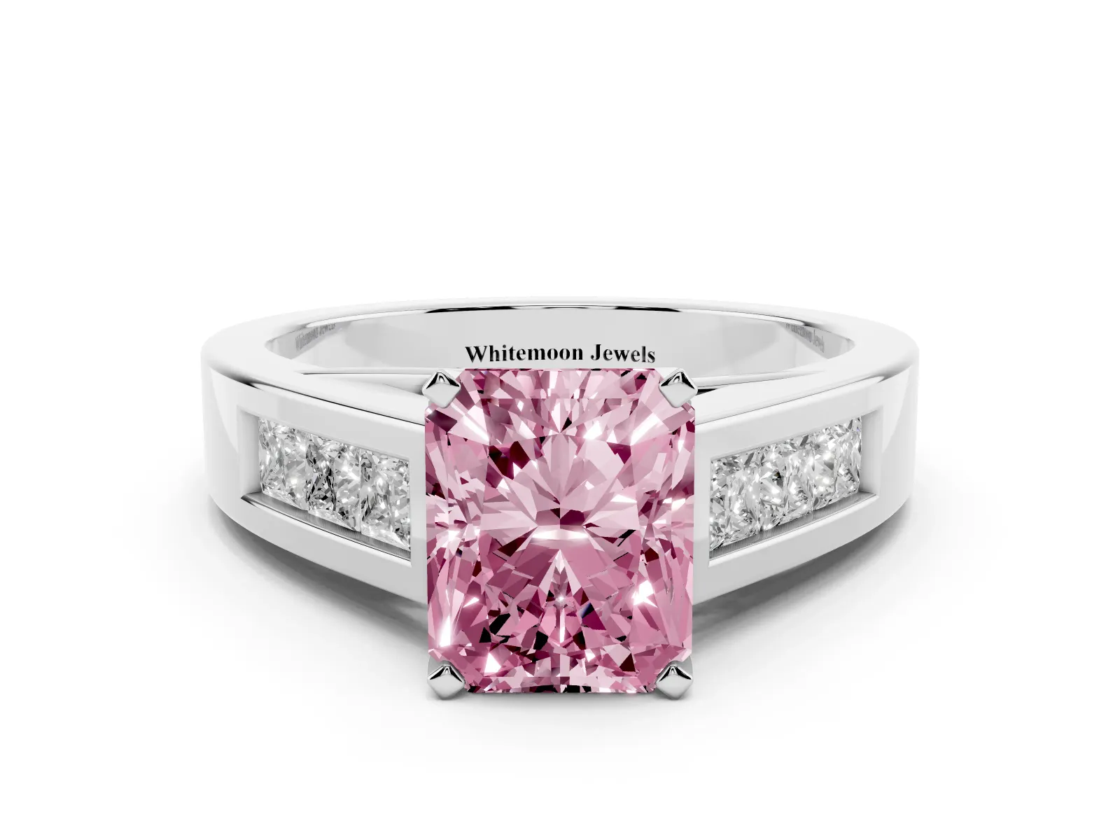 Fancy Pink Radiant Cut Cut Channel Set Solitaire Ring with Four-Prong Setting Platinum