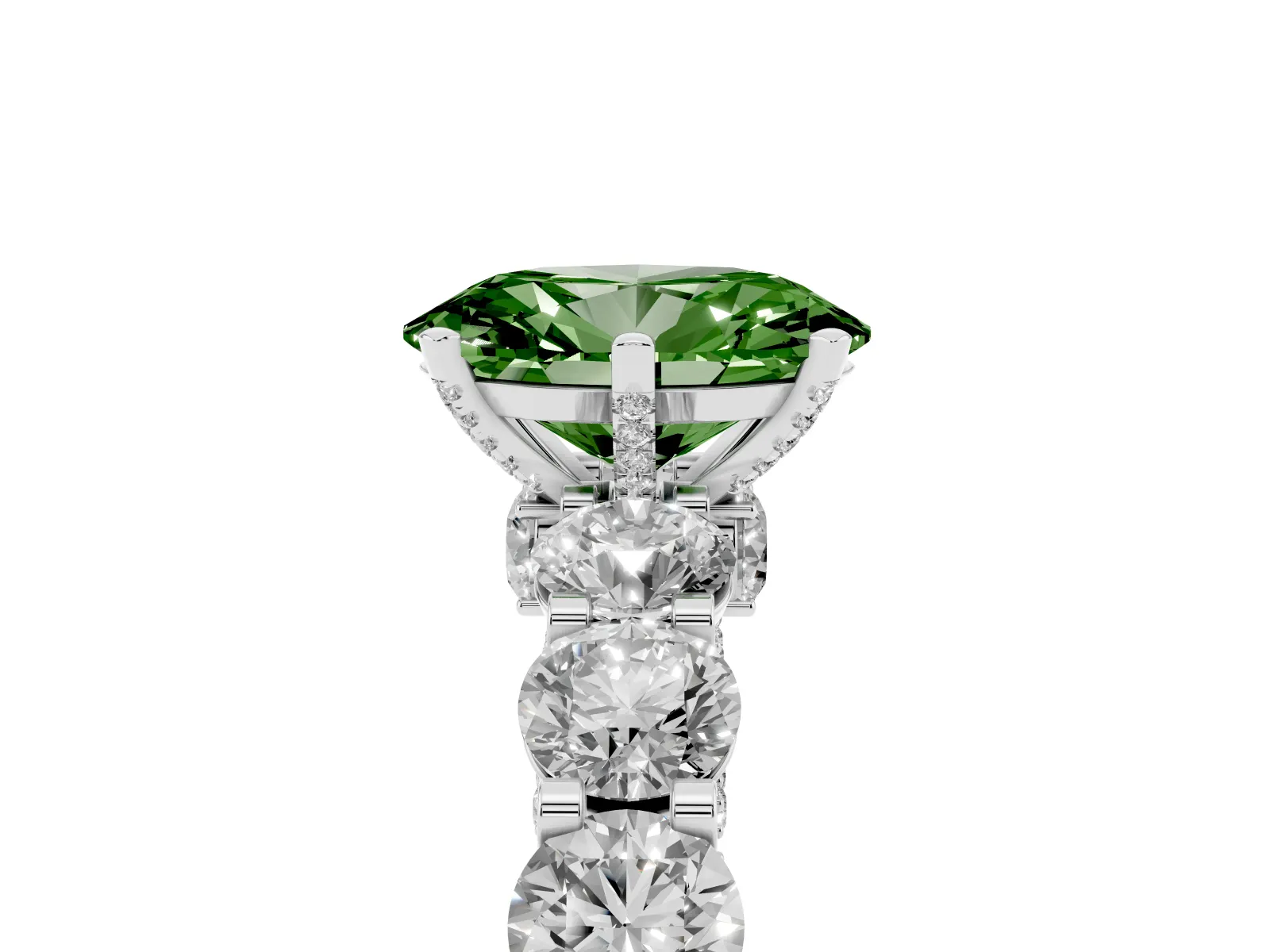 Fancy Green Oval Cut Diamond Side Stone Engagement Ring with Four-Prong Setting Platinum
