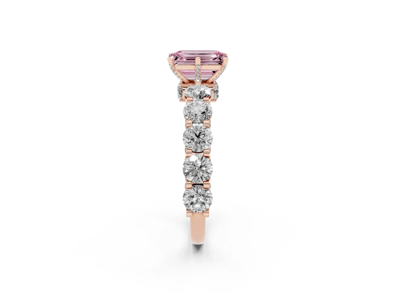 Fancy Pink Emerald Cut Diamond Side Stone Engagement Ring with Four-Prong Setting Rose gold