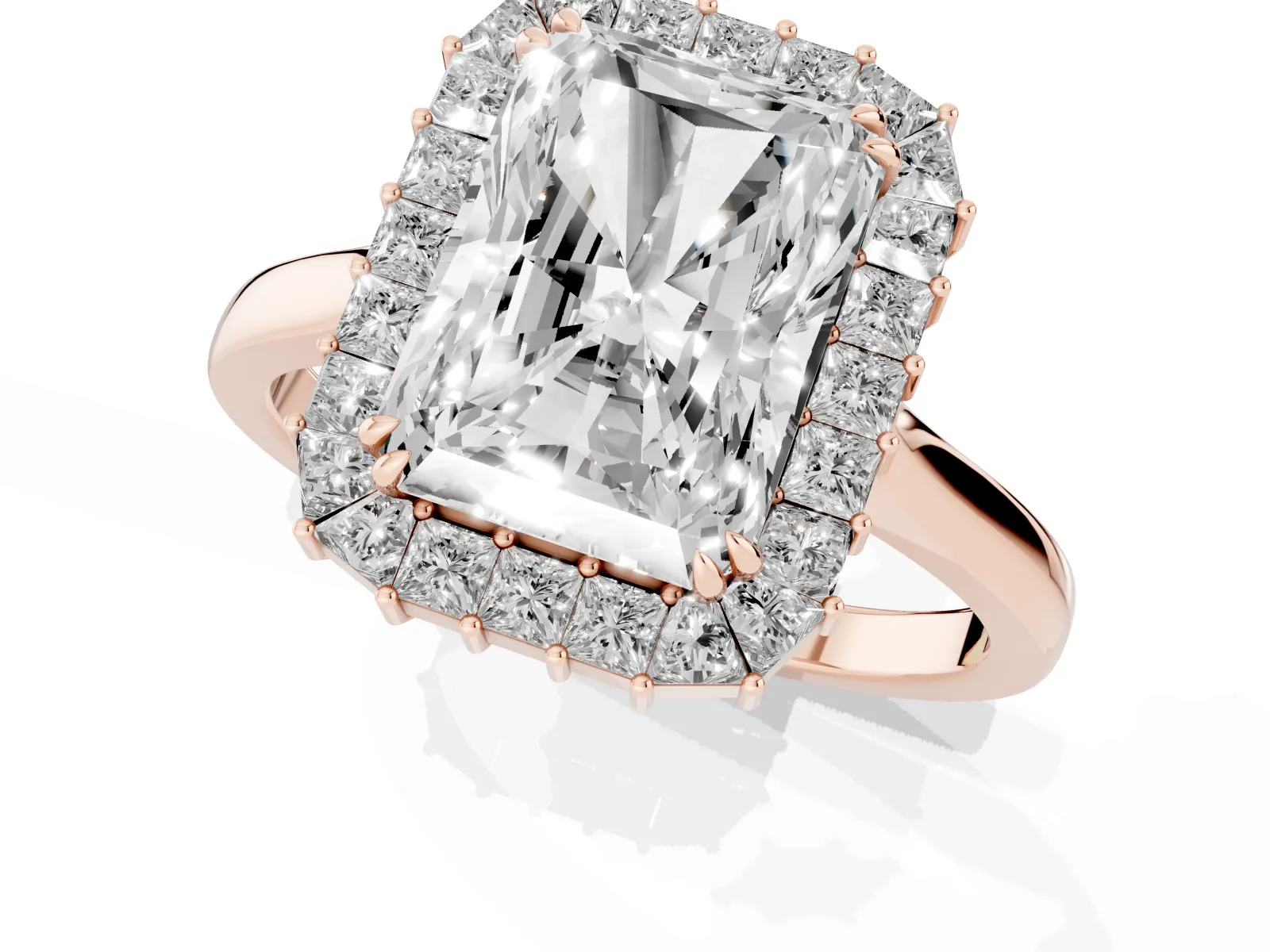 Radiant Diamond Baguette Halo Engagement Ring Rose gold