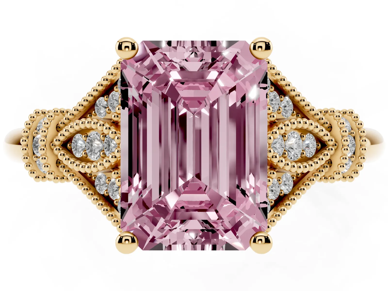 Fancy Pink Emerald Cut Diamond Solitaire Ring with Floral Filigree and Pave Accents Yellow gold