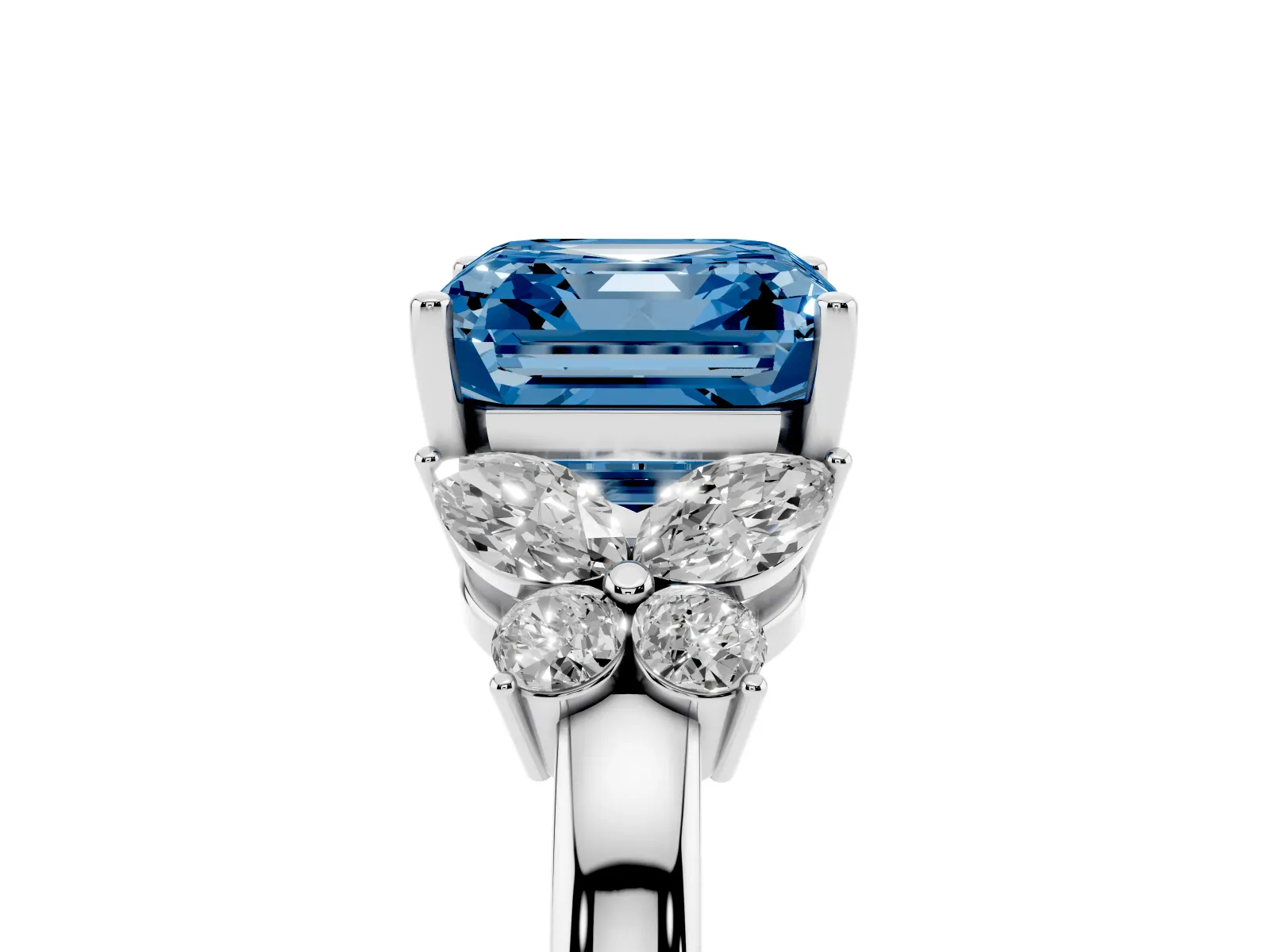 Fancy Blue Asscher Cut Cut Solitaire Floral Diamond Ring with Four-Prong Setting Platinum