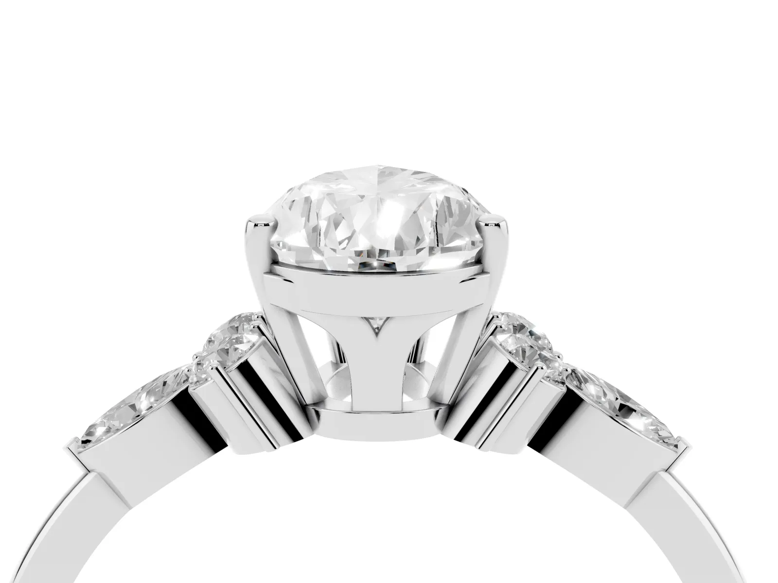 Pear Cut Brilliant Diamond Solitaire Ring with Pear Side Stones and Four-Prong Setting Platinum