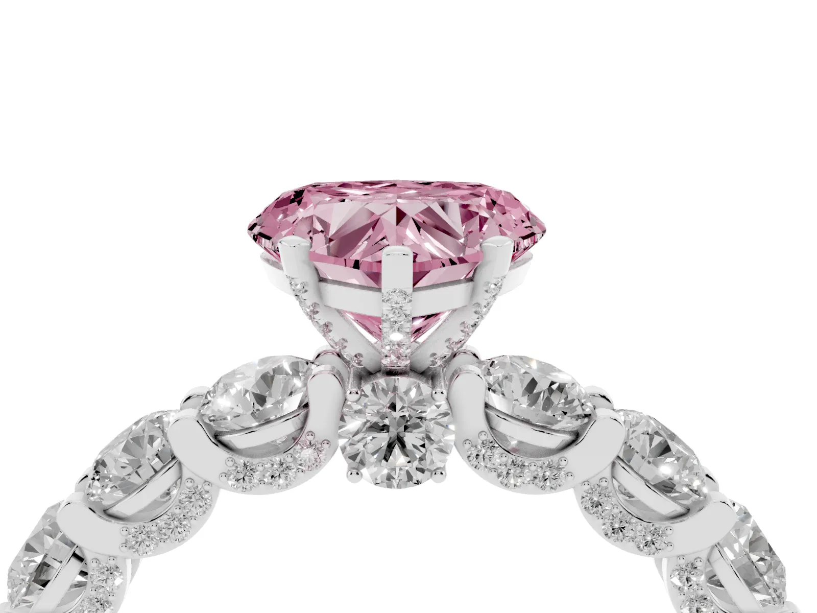 Fancy Pink Heart Cut Diamond Side Stone Engagement Ring with Four-Prong Setting Platinum