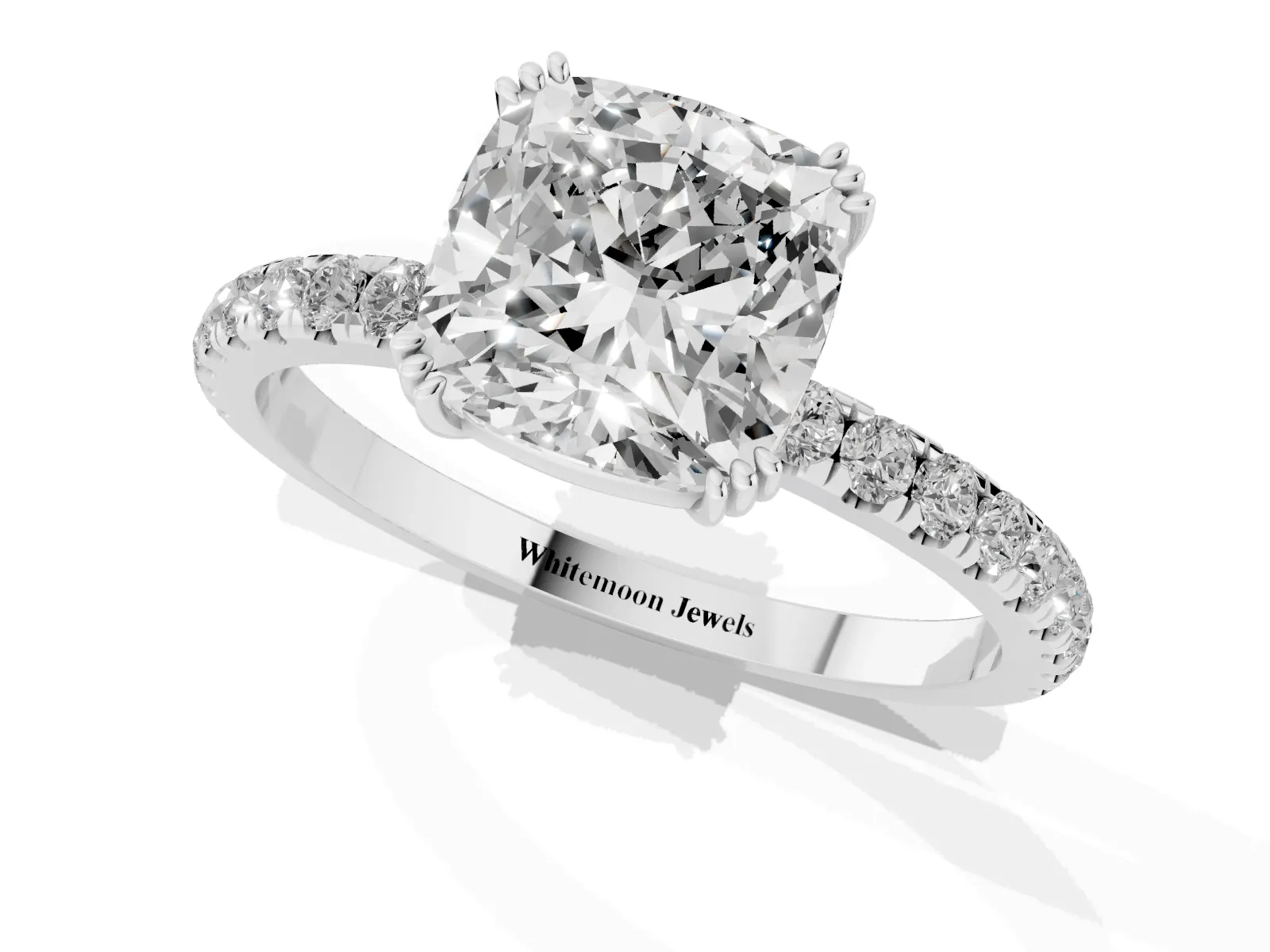 Cushion Cut Brilliant Solitaire with Pavé Band and Claw Prong Setting Silver
