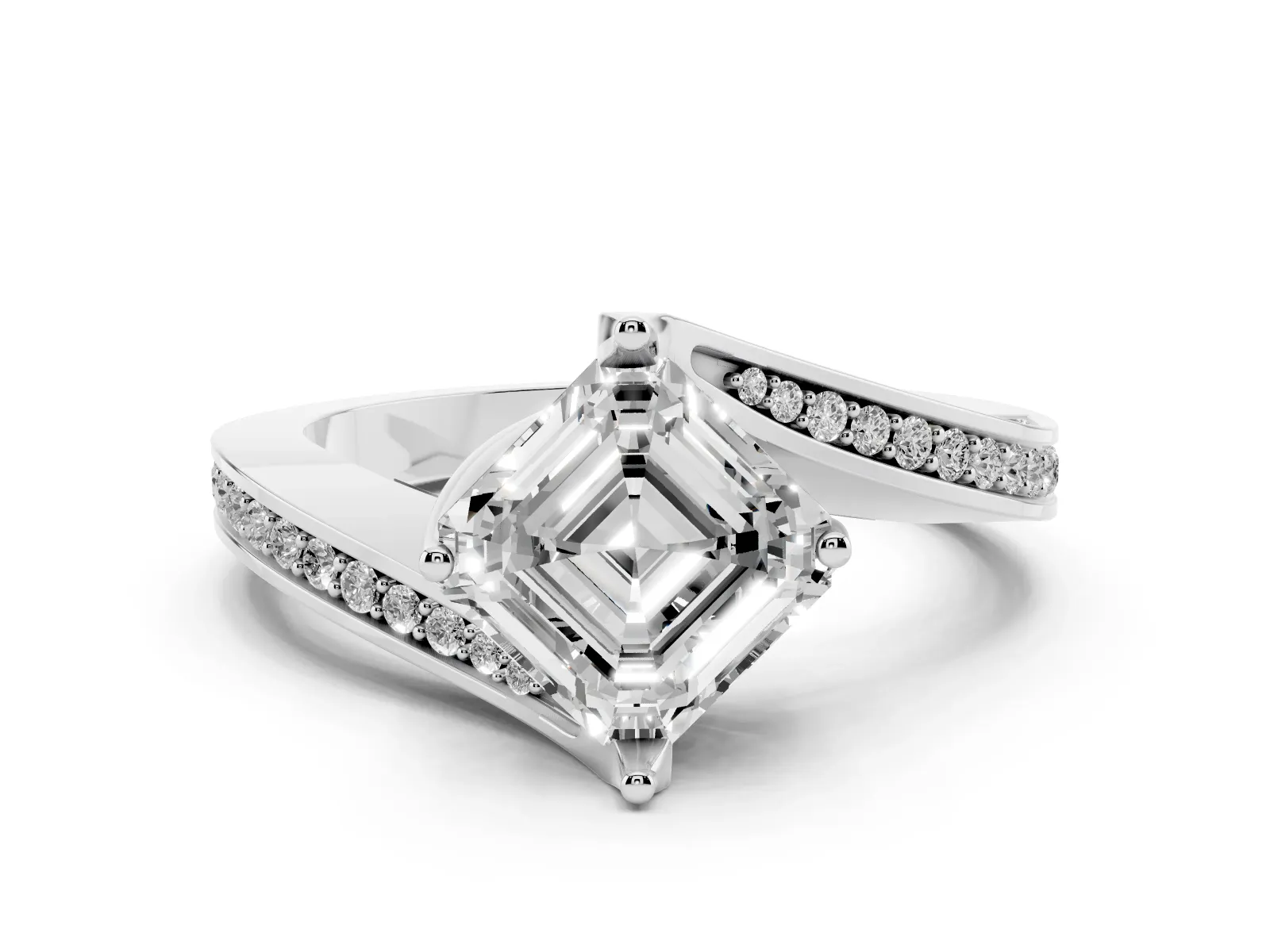 Asscher Cut Solitaire Diamond Twist Band with Pavé Setting and Four-Prong Setting Platinum