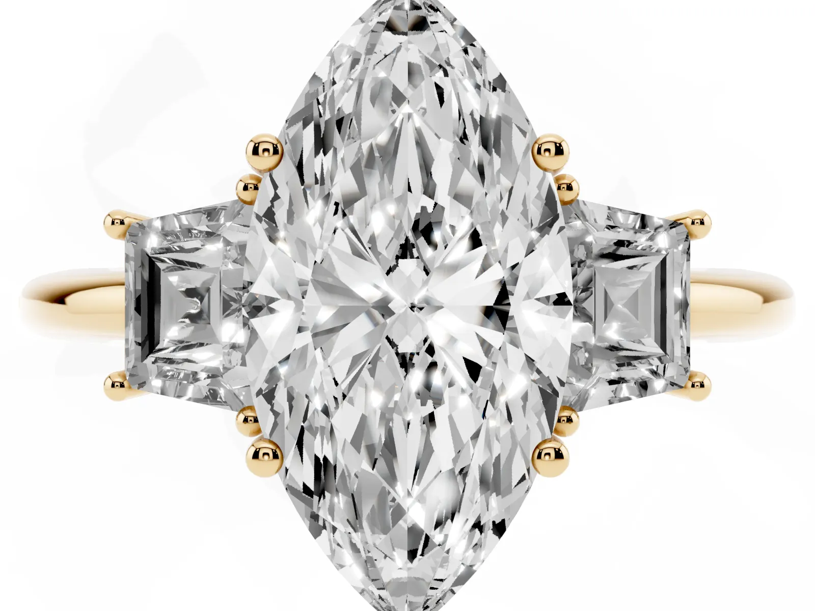 Marquise Cut Diamond Three-Stone Ring with Trapezoid Side Stones and Prong Setting Yellow gold