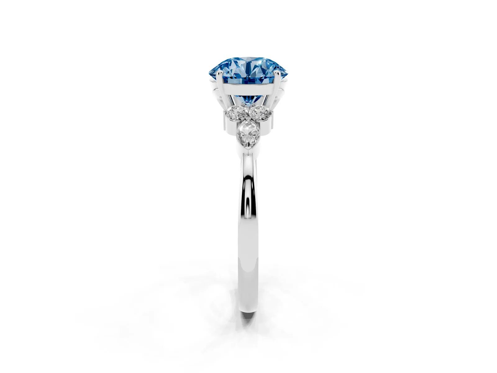 Fancy Blue Round Cut Brilliant Diamond Solitaire Ring with Pear Side Stones and Four-Prong Setting Platinum