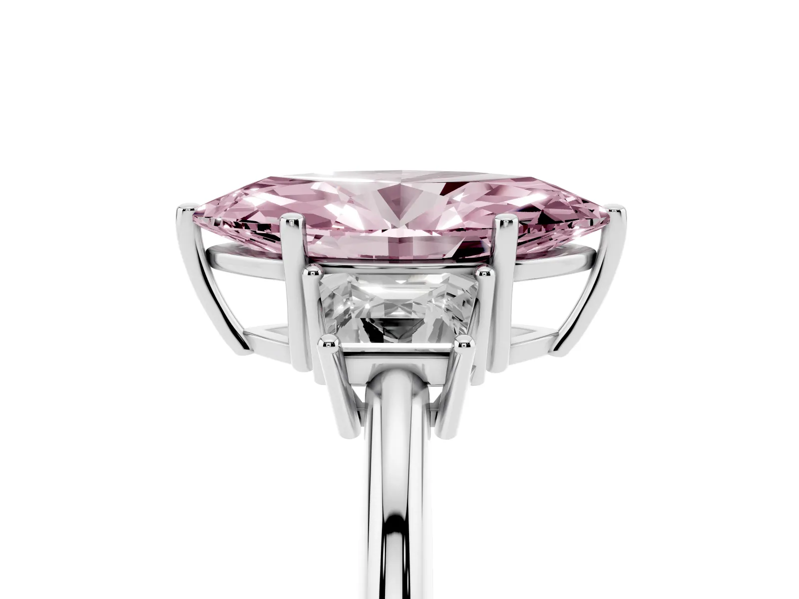 Fancy Pink Marquise Cut Diamond Three-Stone Ring with Trapezoid Side Stones and Prong Setting Platinum