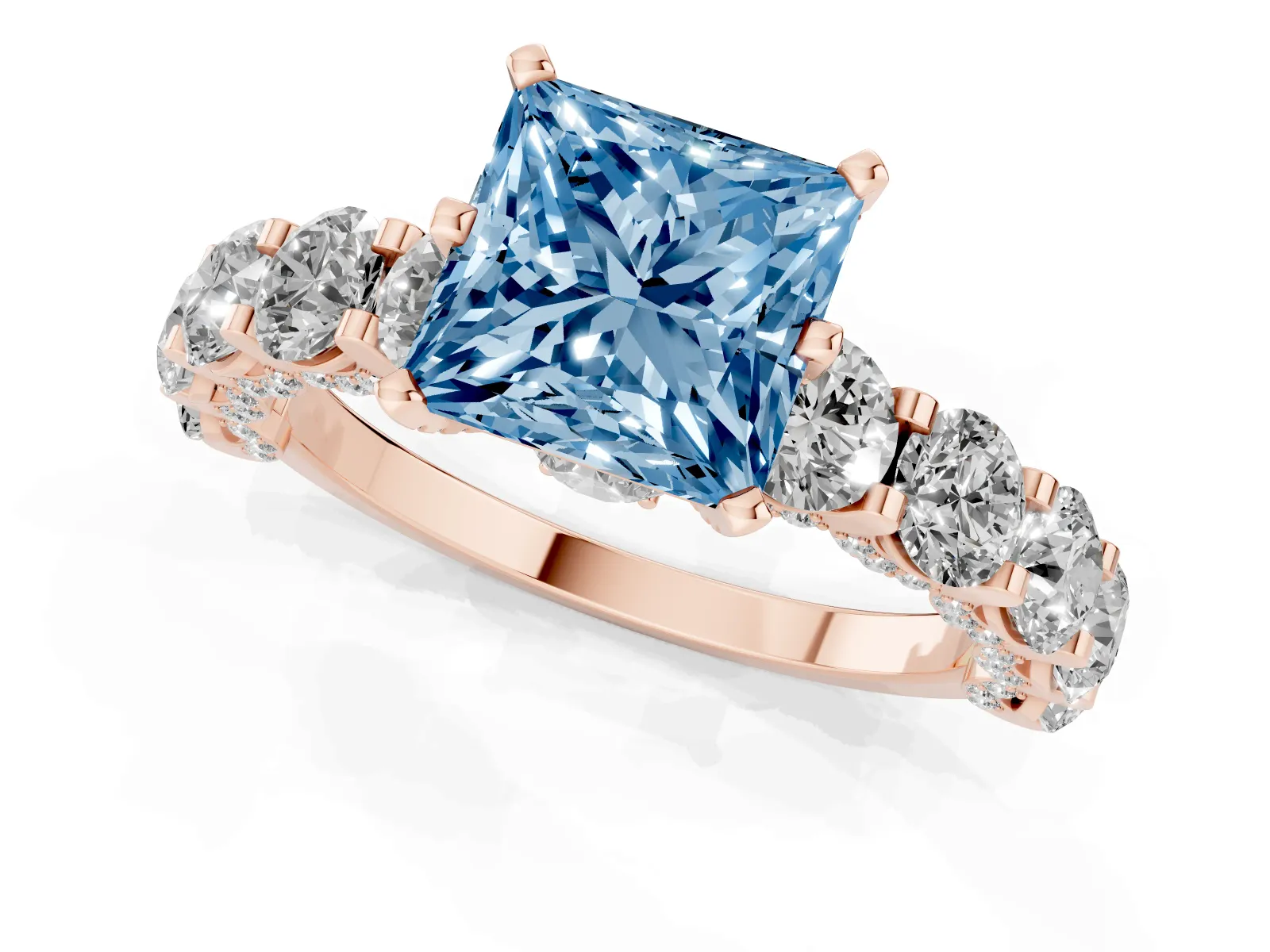 Fancy Blue Princess Cut Diamond Side Stone Engagement Ring with Four-Prong Setting Rose gold