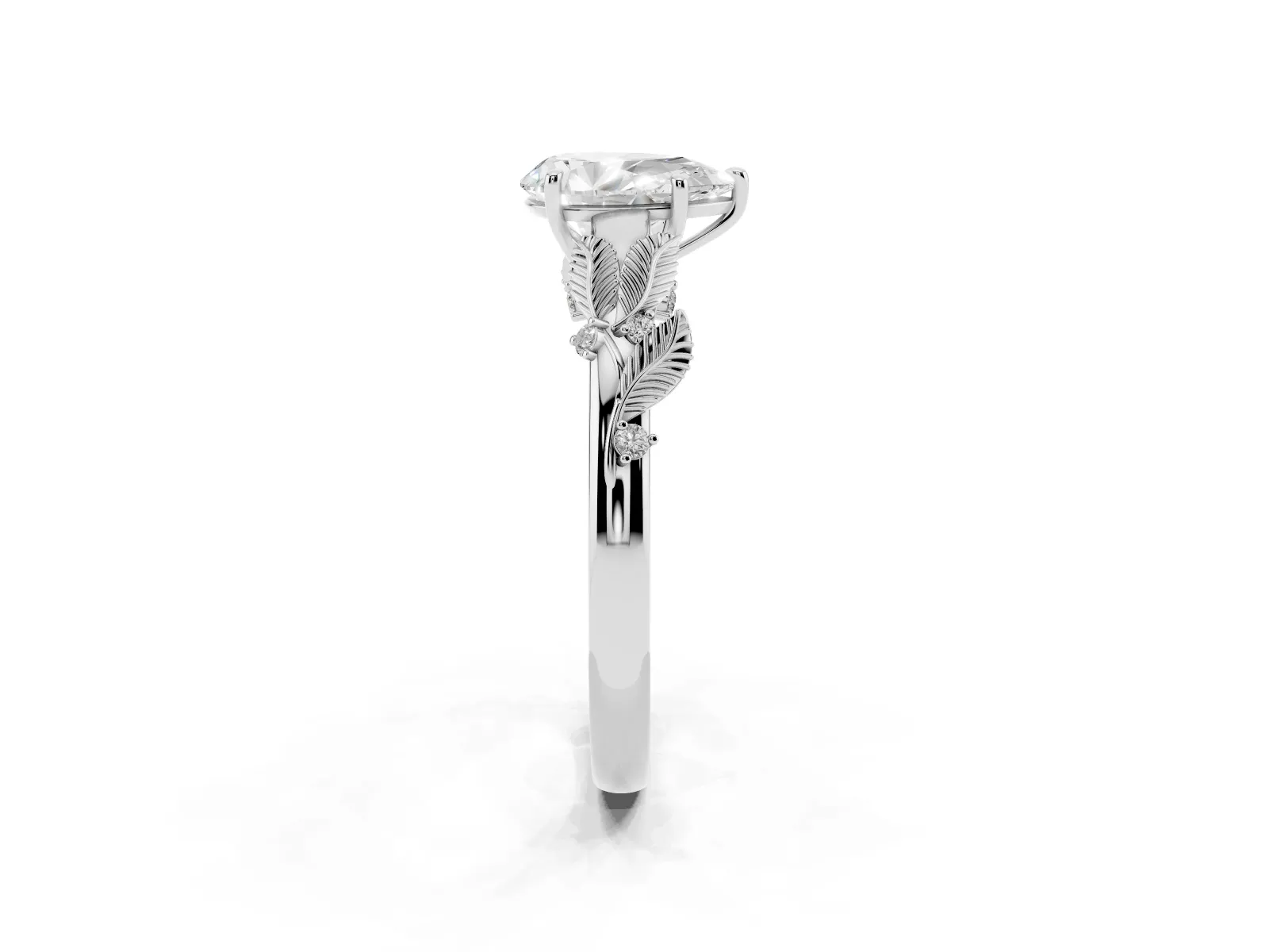 Pear Cut Diamond Solitaire Ring with Leaf Motif Band and Four-Prong Setting Platinum