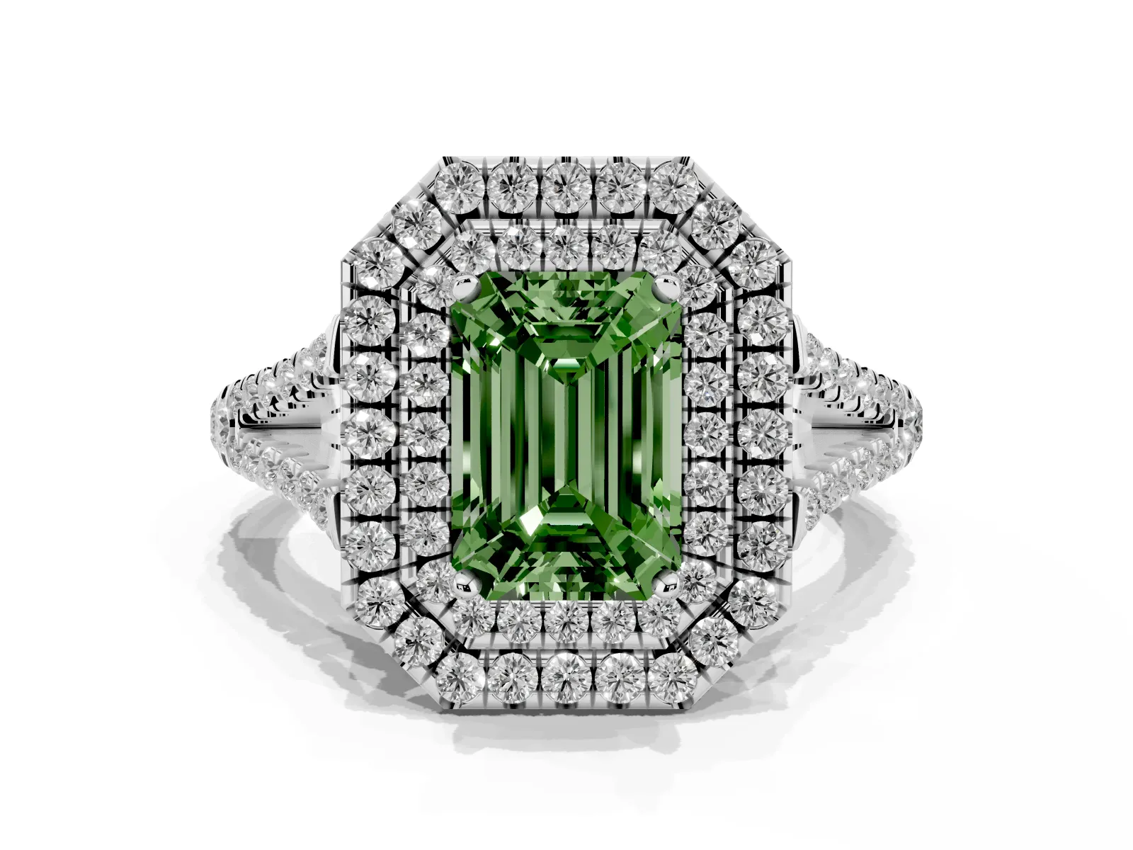 Fancy Green Emerald Cut Diamond Double Halo Ring with Pavé Band and Prong Setting Platinum