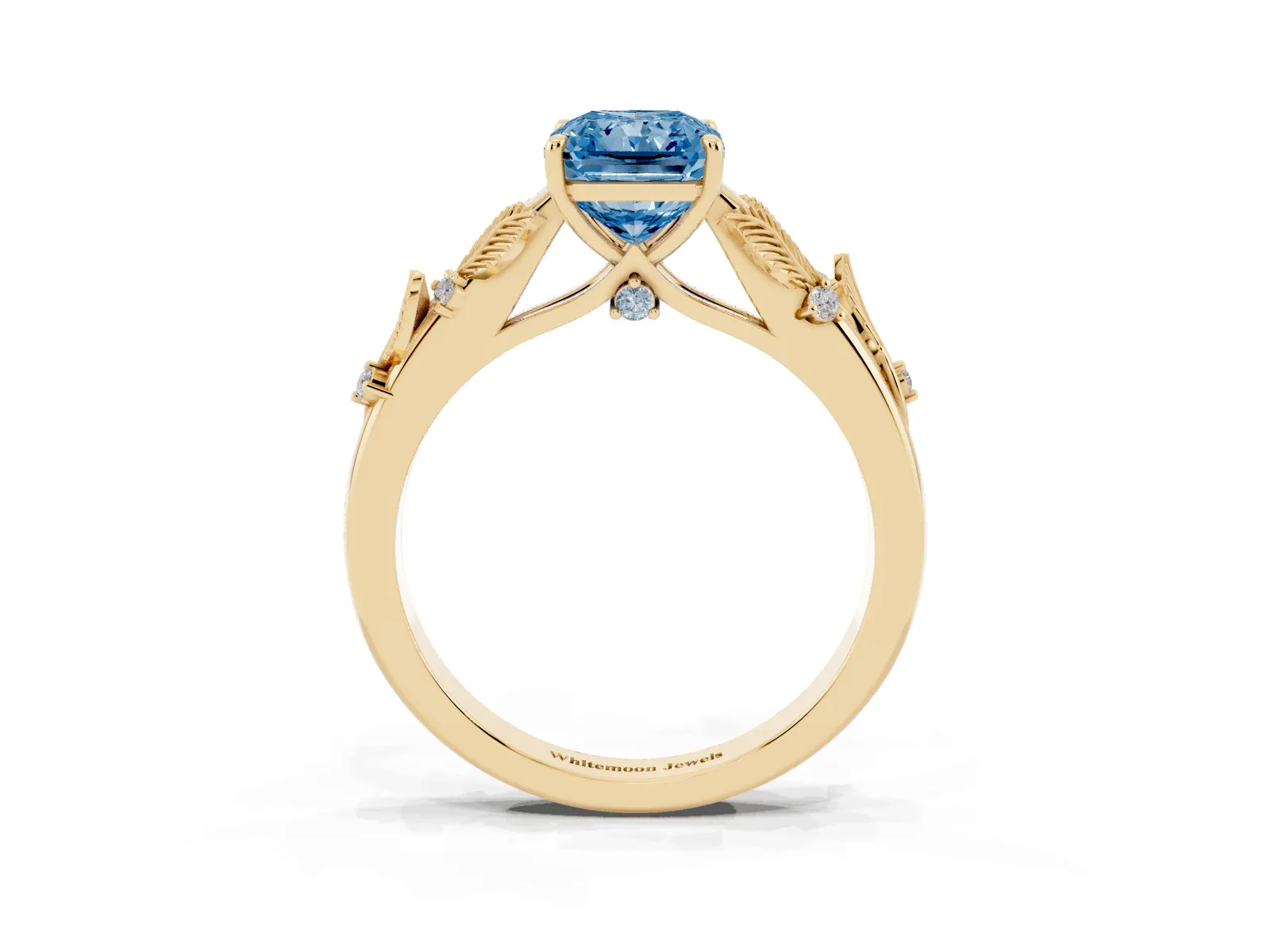 Fancy Blue Radiant Cut Diamond Solitaire Ring with Leaf Motif Band and Four-Prong Setting Yellow gold