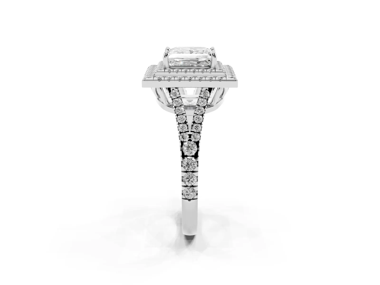Princess Cut Diamond Double Halo Ring with Pavé Band and Prong Setting Platinum