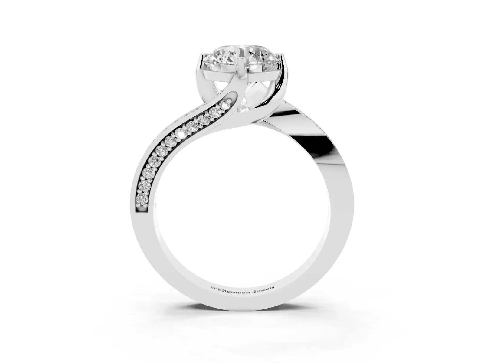 Round Cut Solitaire Diamond Twist Band with Pavé Setting and Four-Prong Setting Platinum