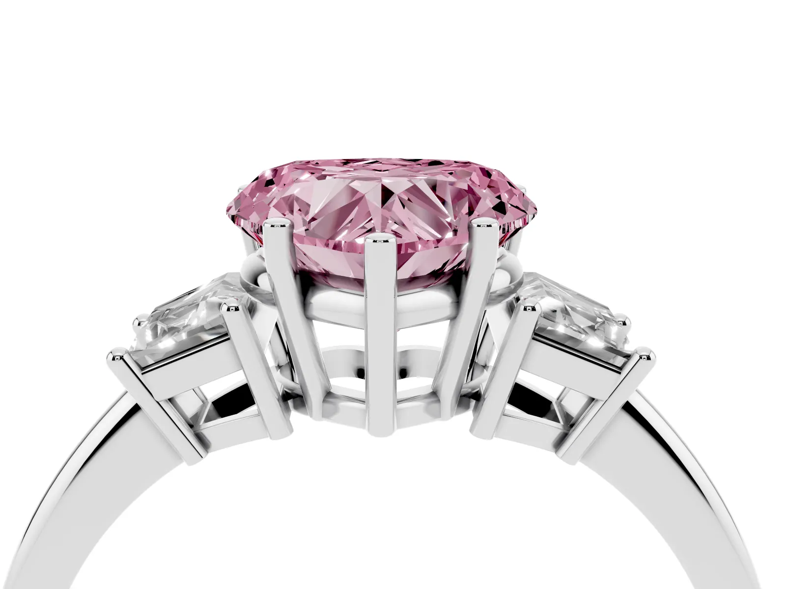 Fancy Pink Heart Cut Diamond Three-Stone Ring with Trapezoid Side Stones and Prong Setting White gold