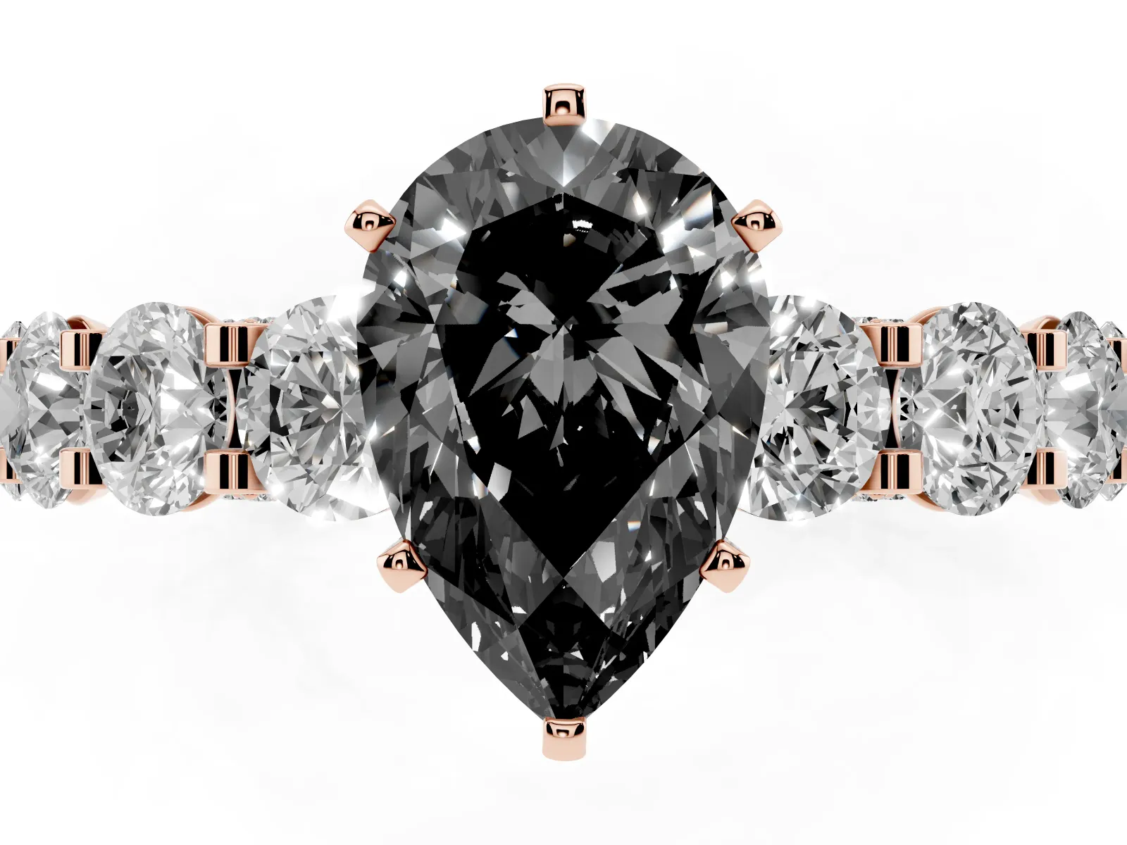 Fancy Black Pear Cut Diamond Side Stone Engagement Ring with Four-Prong Setting Rose gold