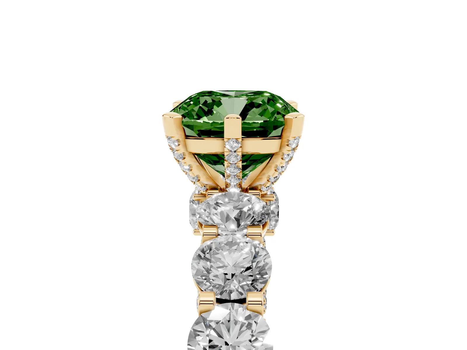 Fancy Green Cushion Cut Diamond Side Stone Engagement Ring with Four-Prong Setting Yellow gold