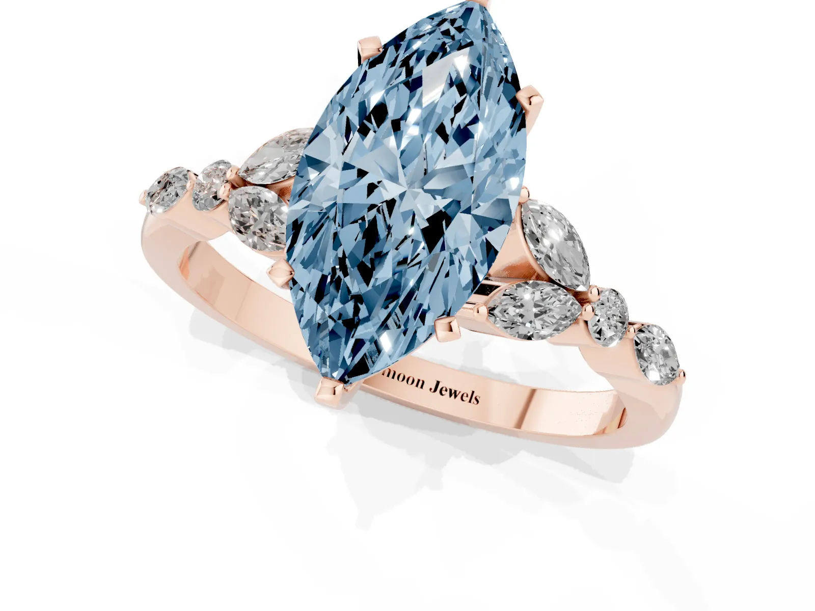 Fancy Blue Marquise Cut Diamond Solitaire Ring with Side Stones and Four-Prong Setting Rose gold