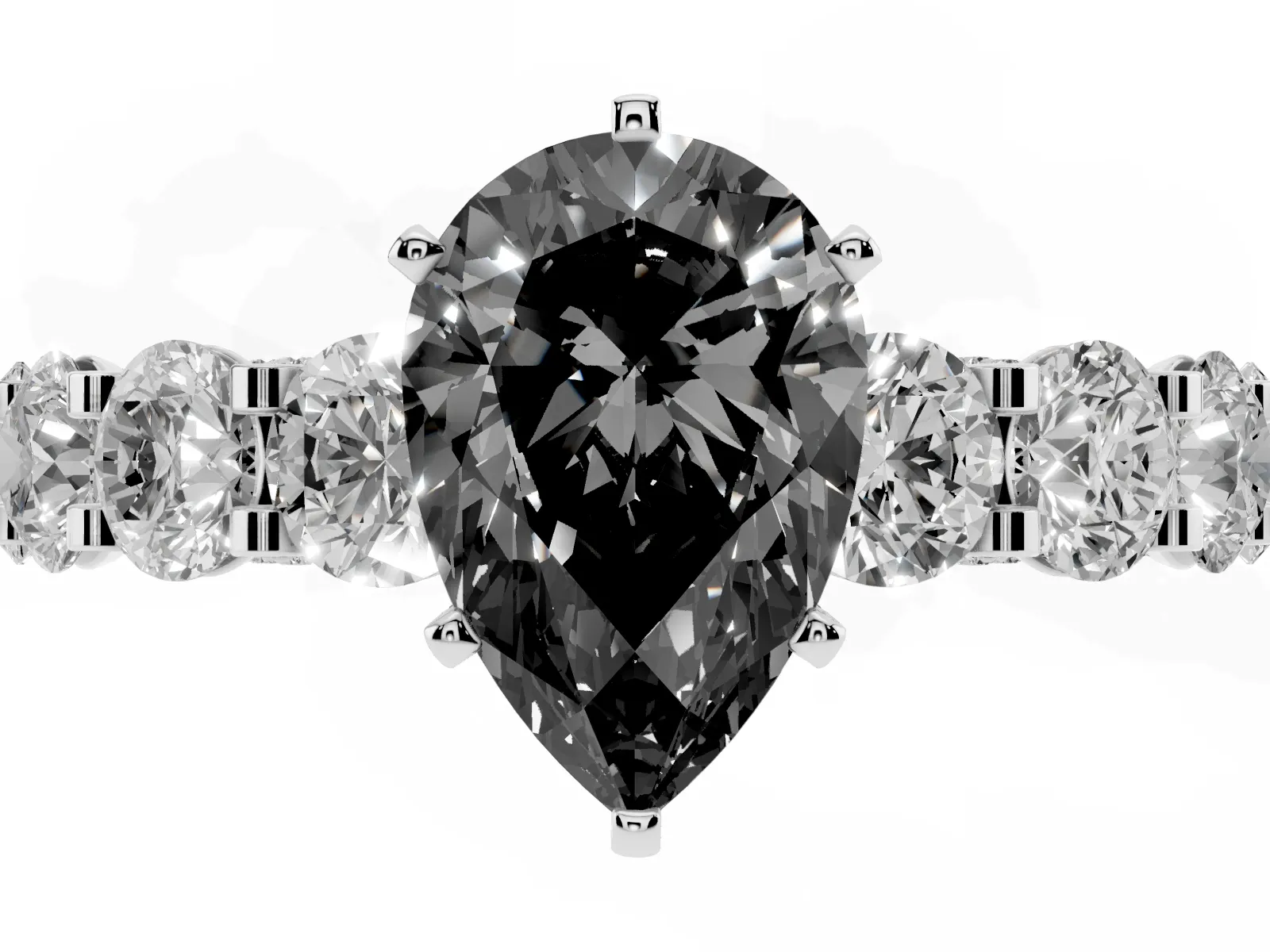 Fancy Black Pear Cut Diamond Side Stone Engagement Ring with Four-Prong Setting White gold