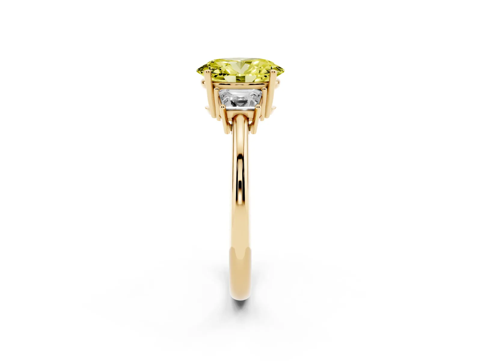 Fancy Yellow Oval Cut Diamond Three-Stone Ring with Trapezoid Side Stones and Prong Setting Yellow gold