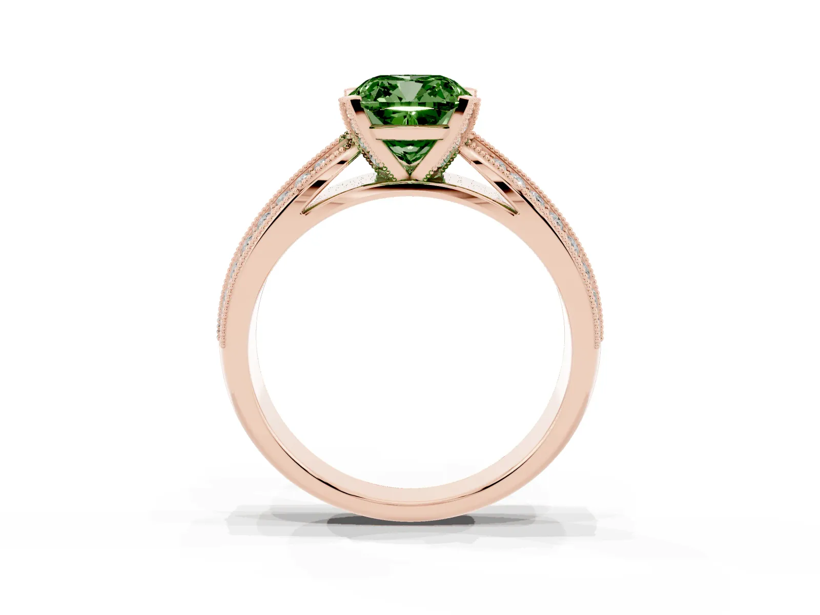 Fancy Green Cushion Cut Diamond Solitaire Ring with Milgrain Round Pavé Band and Prong Setting Rose gold
