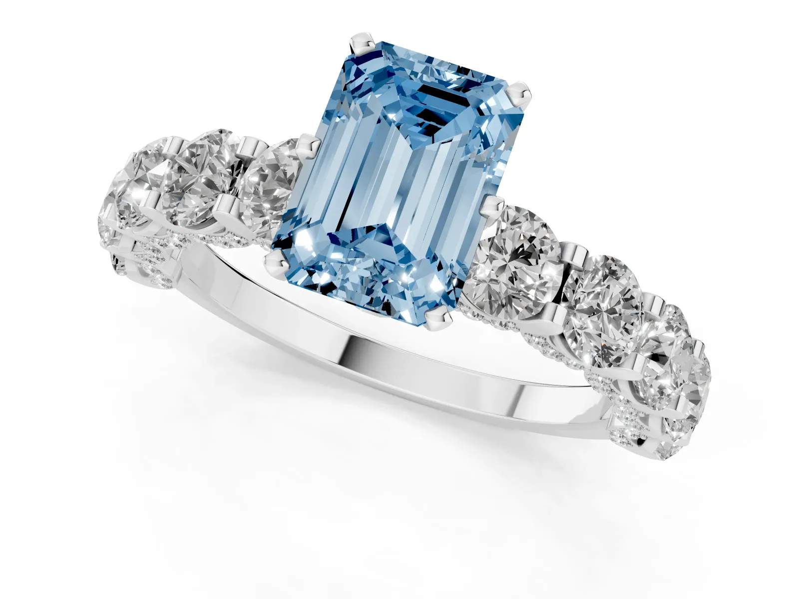 Fancy Blue Emerald Cut Diamond Side Stone Engagement Ring with Four-Prong Setting White gold
