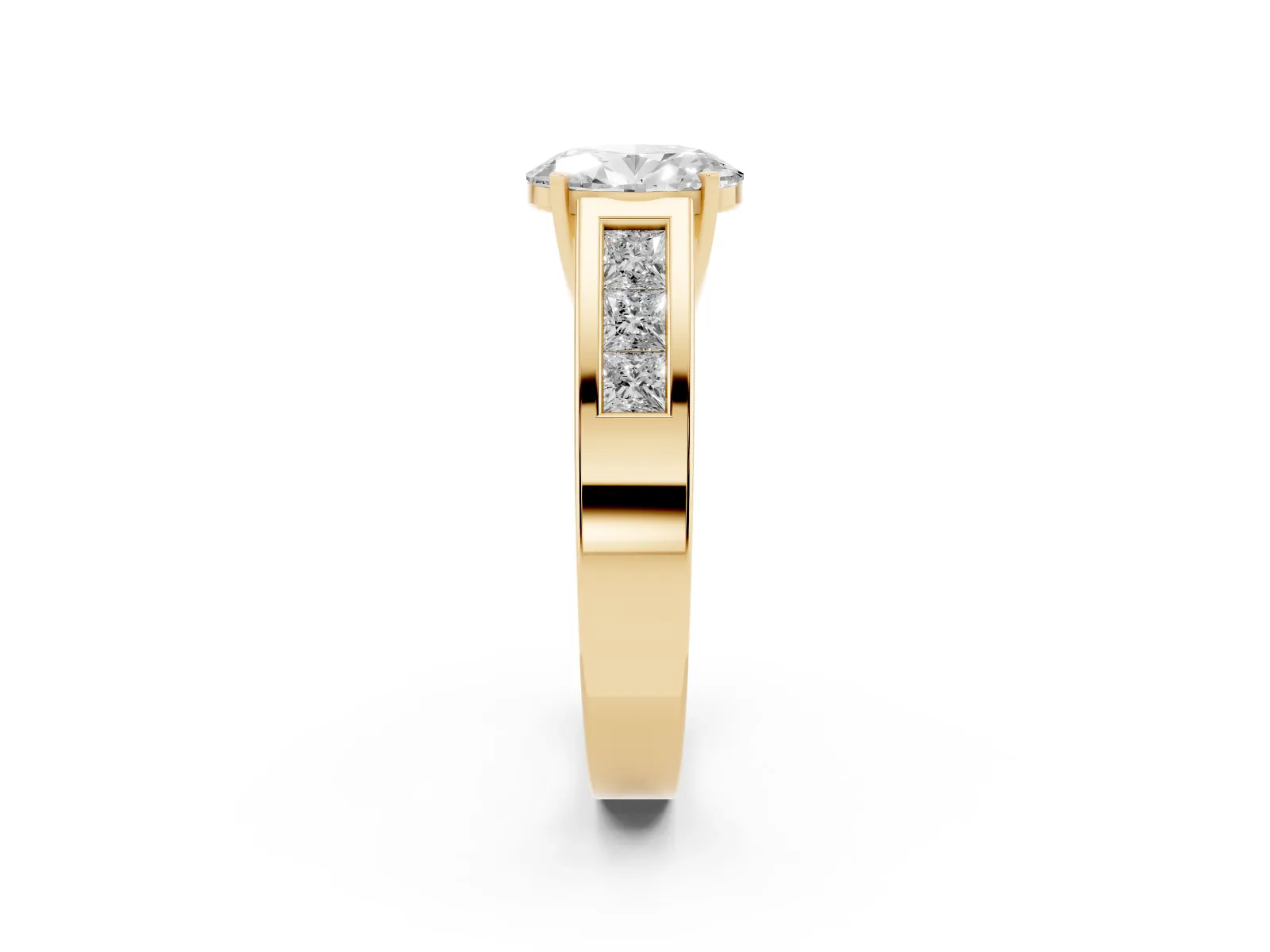 Oval Cut Cut Channel Set Solitaire Ring with Four-Prong Setting Yellow gold