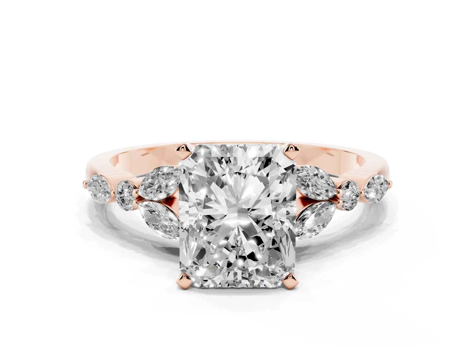 Radiant Cut Diamond Solitaire Ring with Side Stones and Four-Prong Setting Rose gold