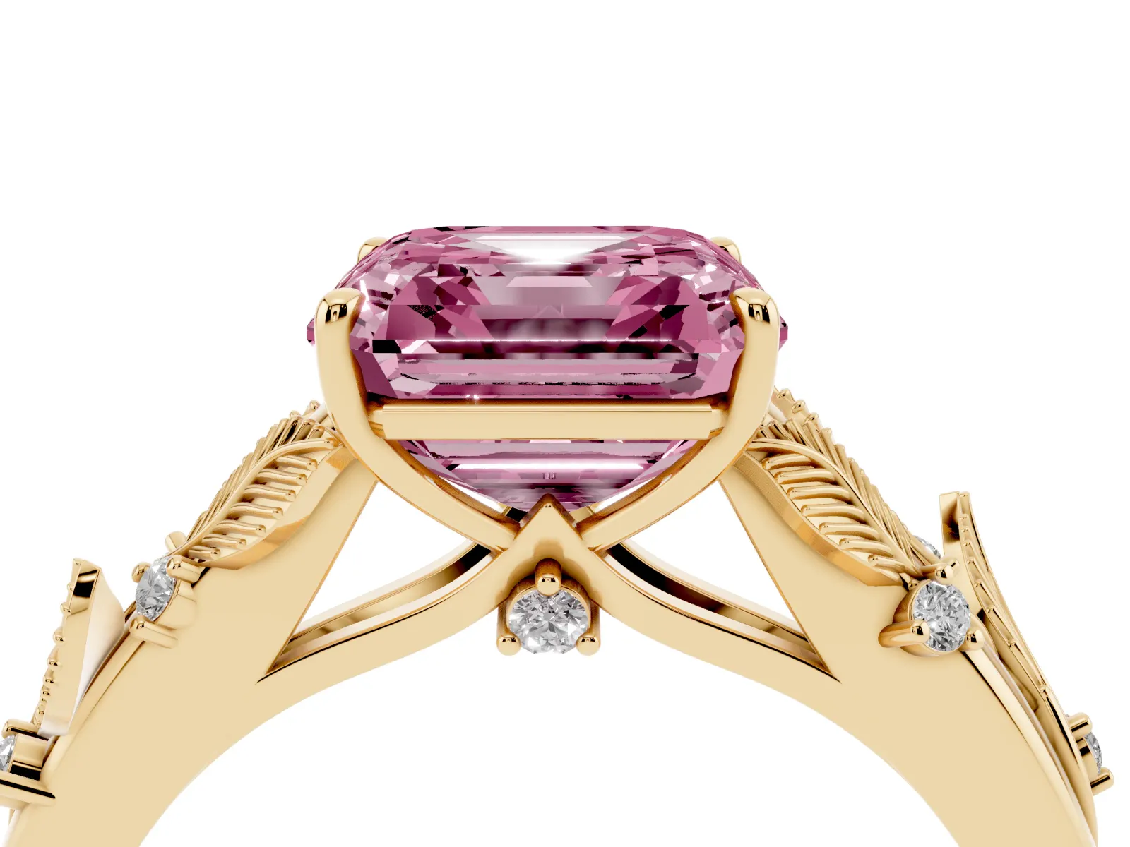 Fancy Pink Asscher Cut Diamond Solitaire Ring with Leaf Motif Band and Four-Prong Setting Yellow gold