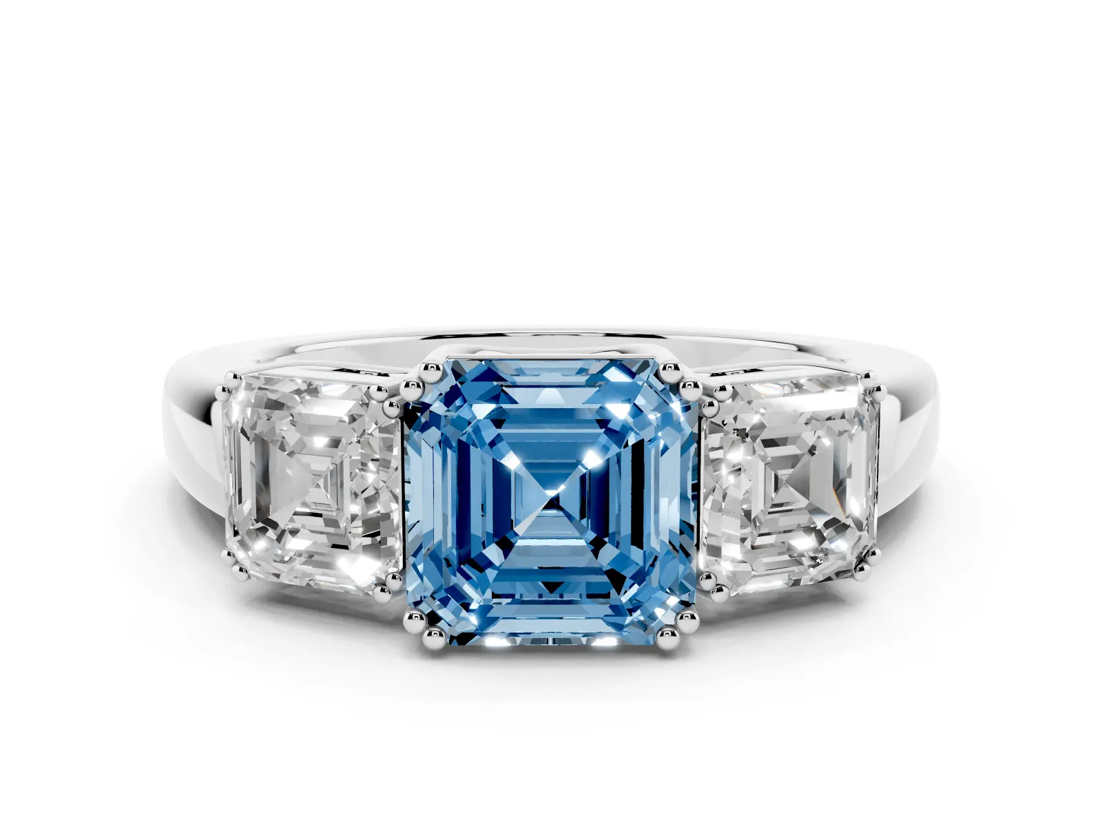 Fancy Blue Three-Stone Asscher Cut Cut Diamond Ring with Channel Set Band and Four-Prong Setting White gold