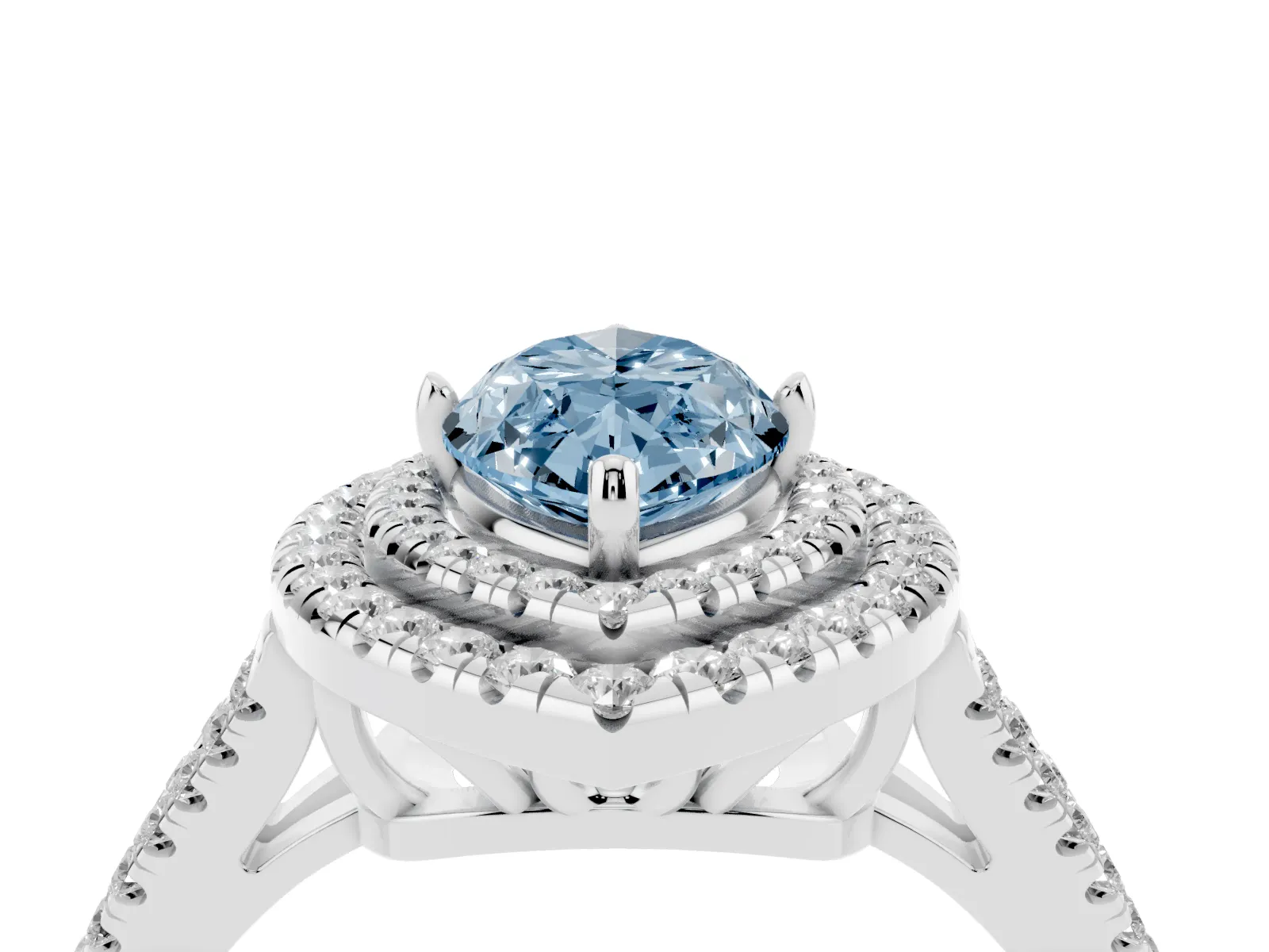 Fancy Blue Marquise Cut Diamond Double Halo Ring with Pavé Band and Prong Setting Platinum