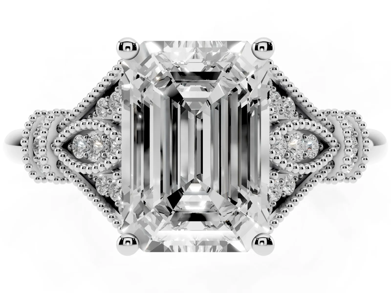 Emerald Cut Diamond Solitaire Ring with Floral Filigree and Pave Accents Platinum