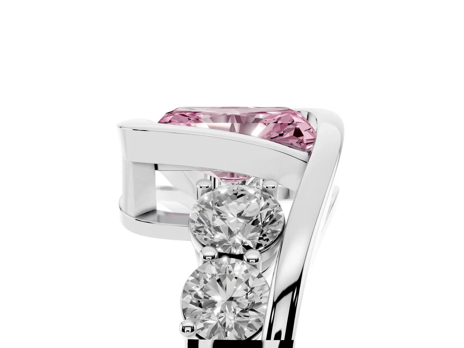 Fancy Pink Bezel Set Radiant Cut Diamond Bypass Ring with Round Accents White gold