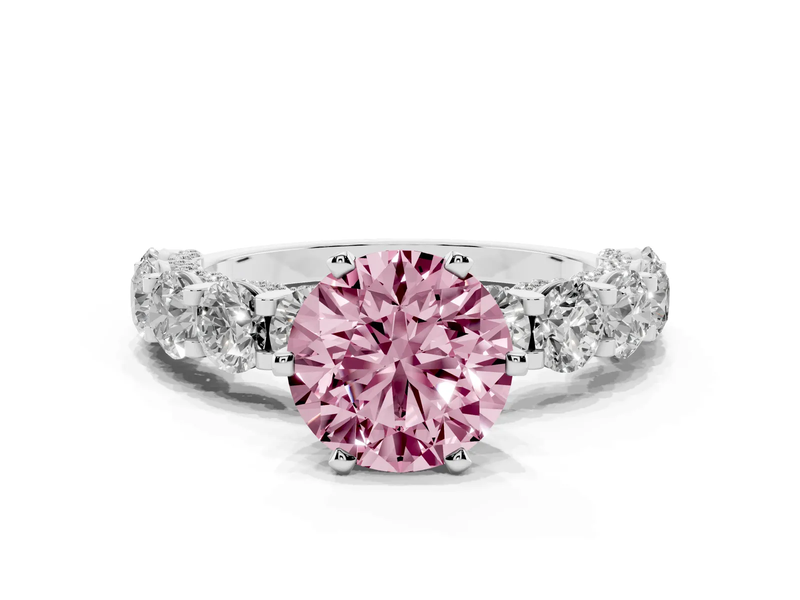 Fancy Pink Round Cut Diamond Side Stone Engagement Ring with Four-Prong Setting Platinum