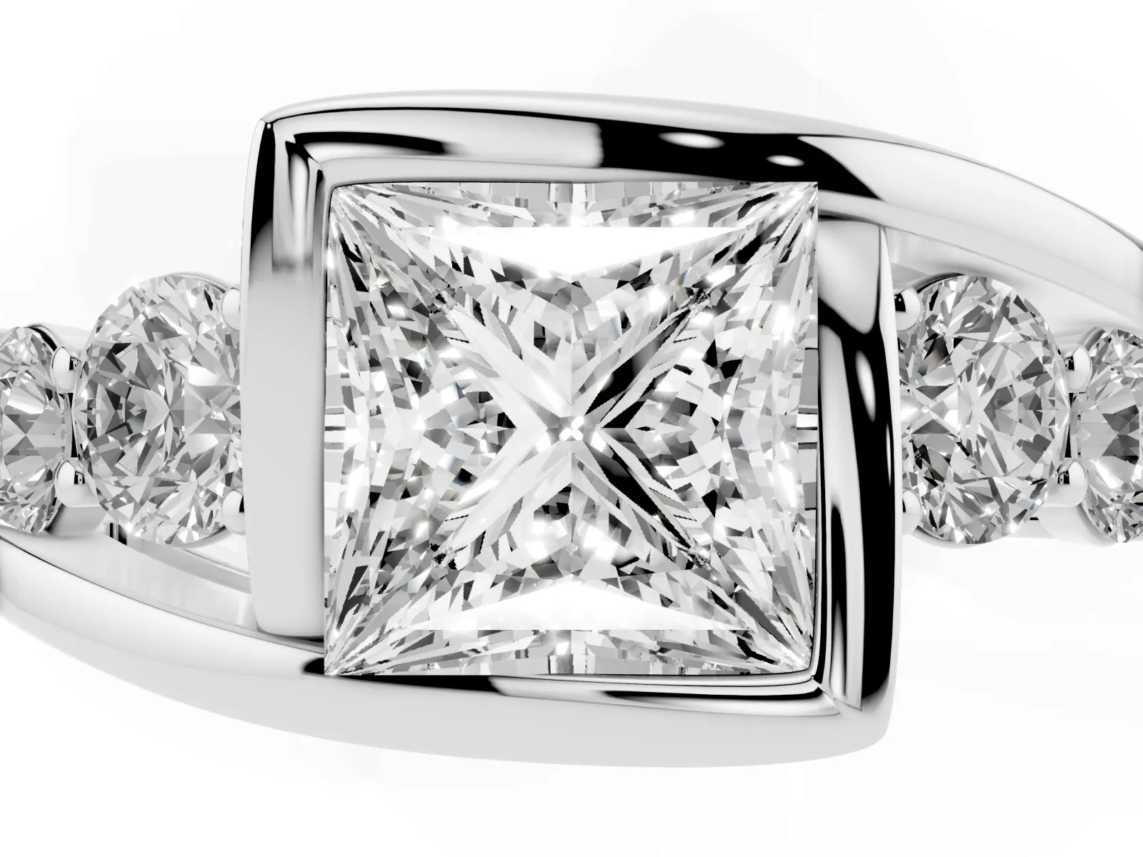 Bezel Set Princess Cut Diamond Bypass Ring with Round Accents Platinum