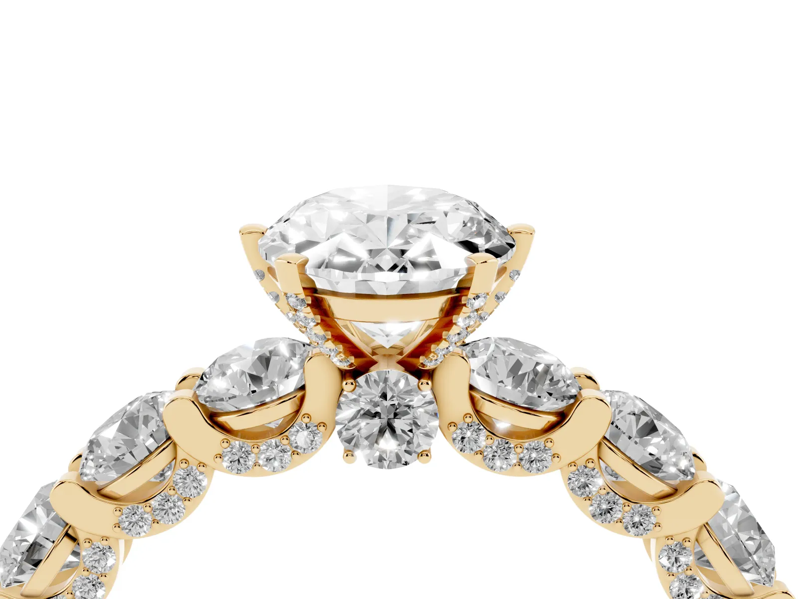 Oval Cut Diamond Side Stone Engagement Ring with Four-Prong Setting Yellow gold