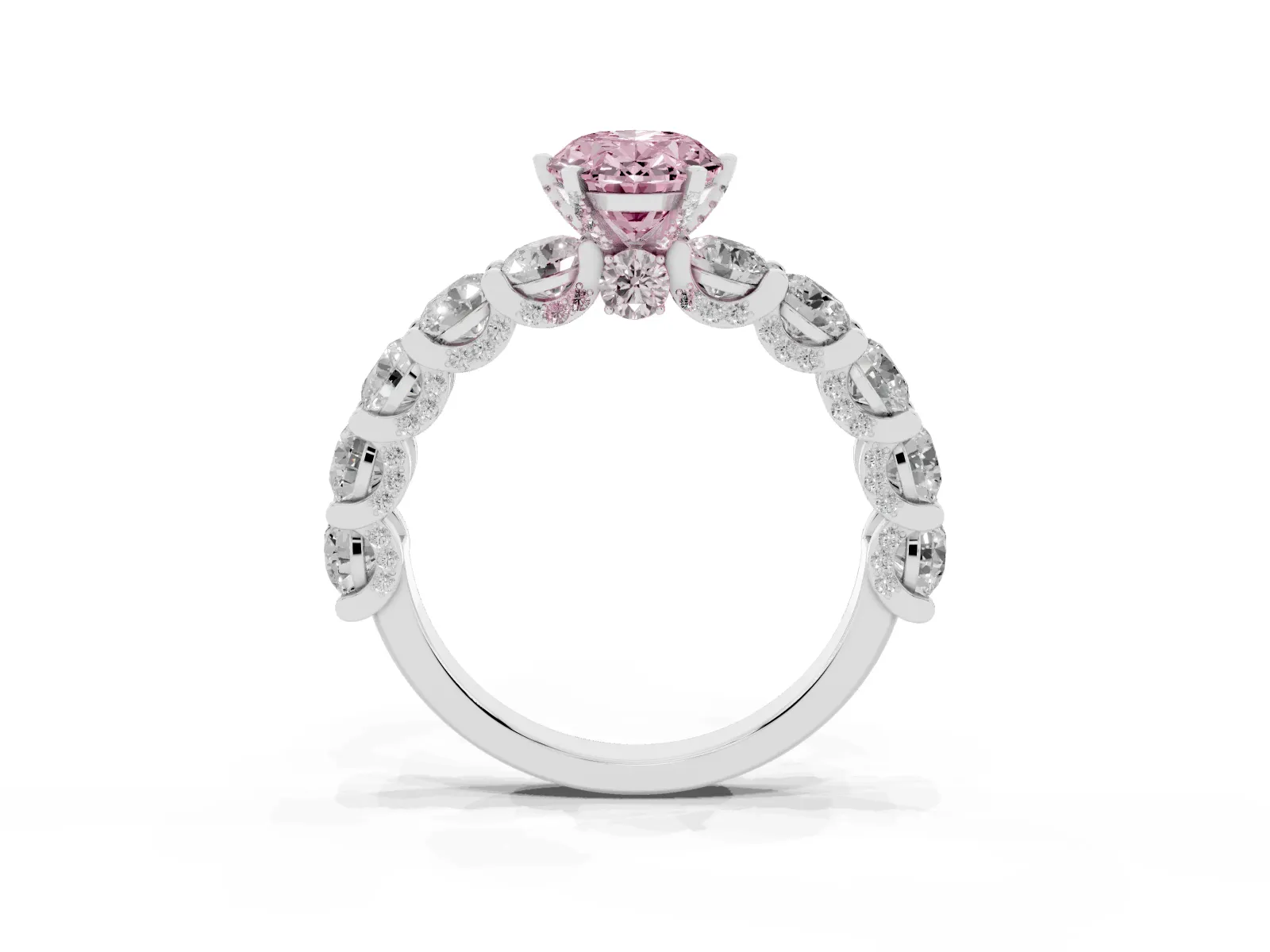 Fancy Pink Oval Cut Diamond Side Stone Engagement Ring with Four-Prong Setting Platinum