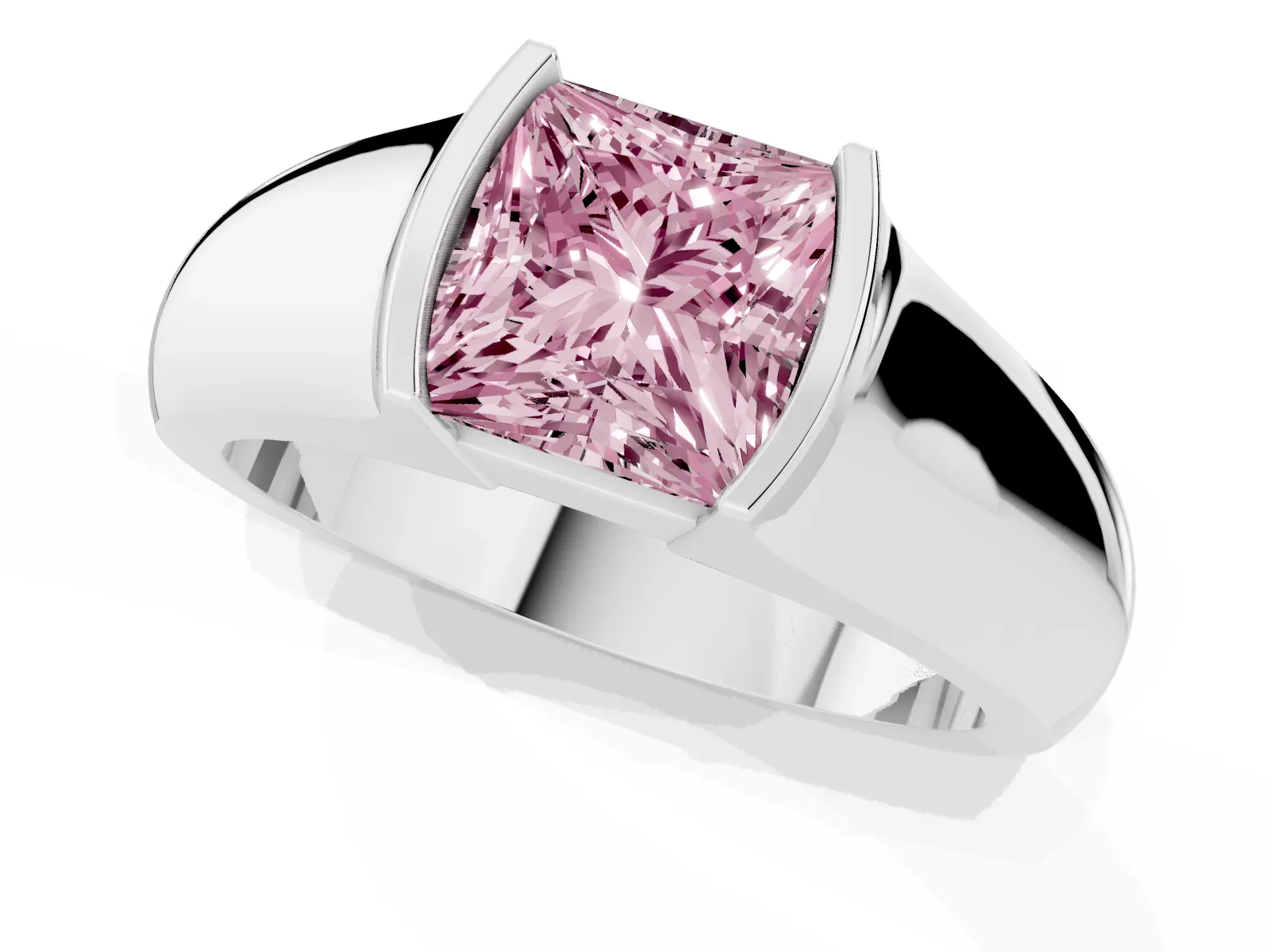 Fancy Pink Princess Cut Solitaire Bezel Set Diamond Ring with Wide Band White gold