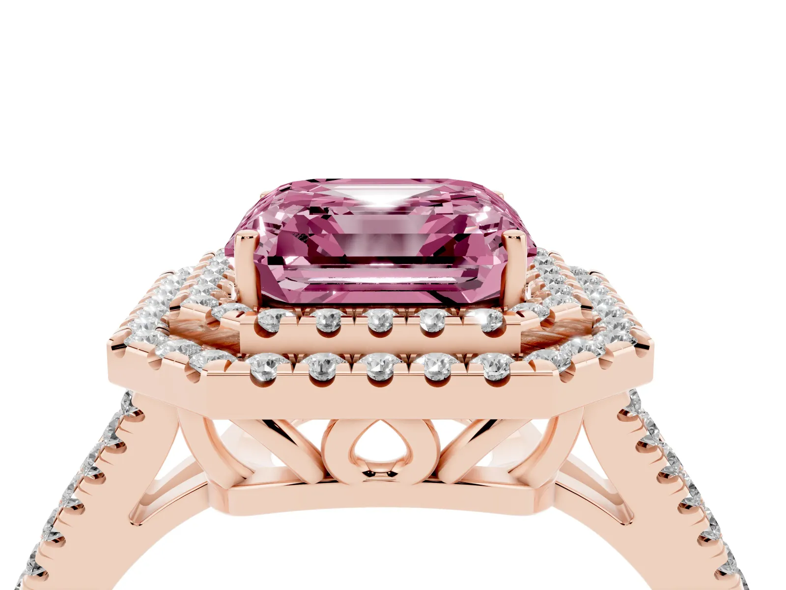 Fancy Pink Asscher Cut Diamond Double Halo Ring with Pavé Band and Prong Setting Rose gold