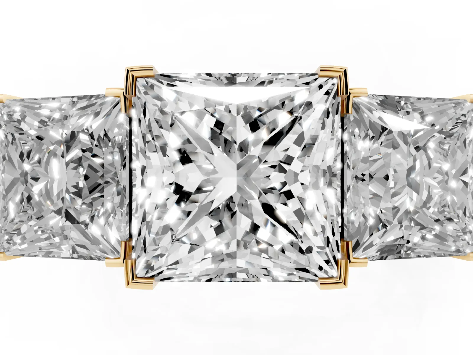 Three-Stone Princess Cut Cut Diamond Ring with Channel Set Band and Four-Prong Setting Yellow gold