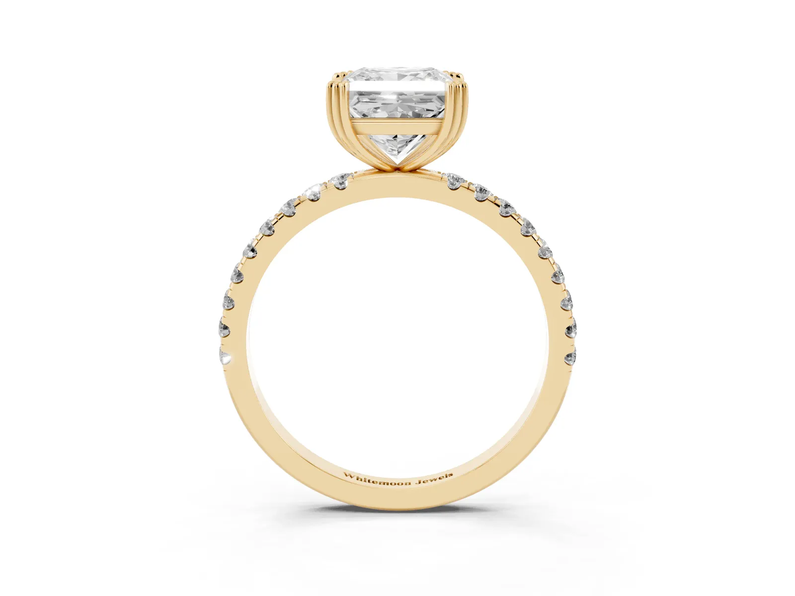 Princess Cut Brilliant Solitaire with Pavé Band and Claw Prong Setting Yellow gold