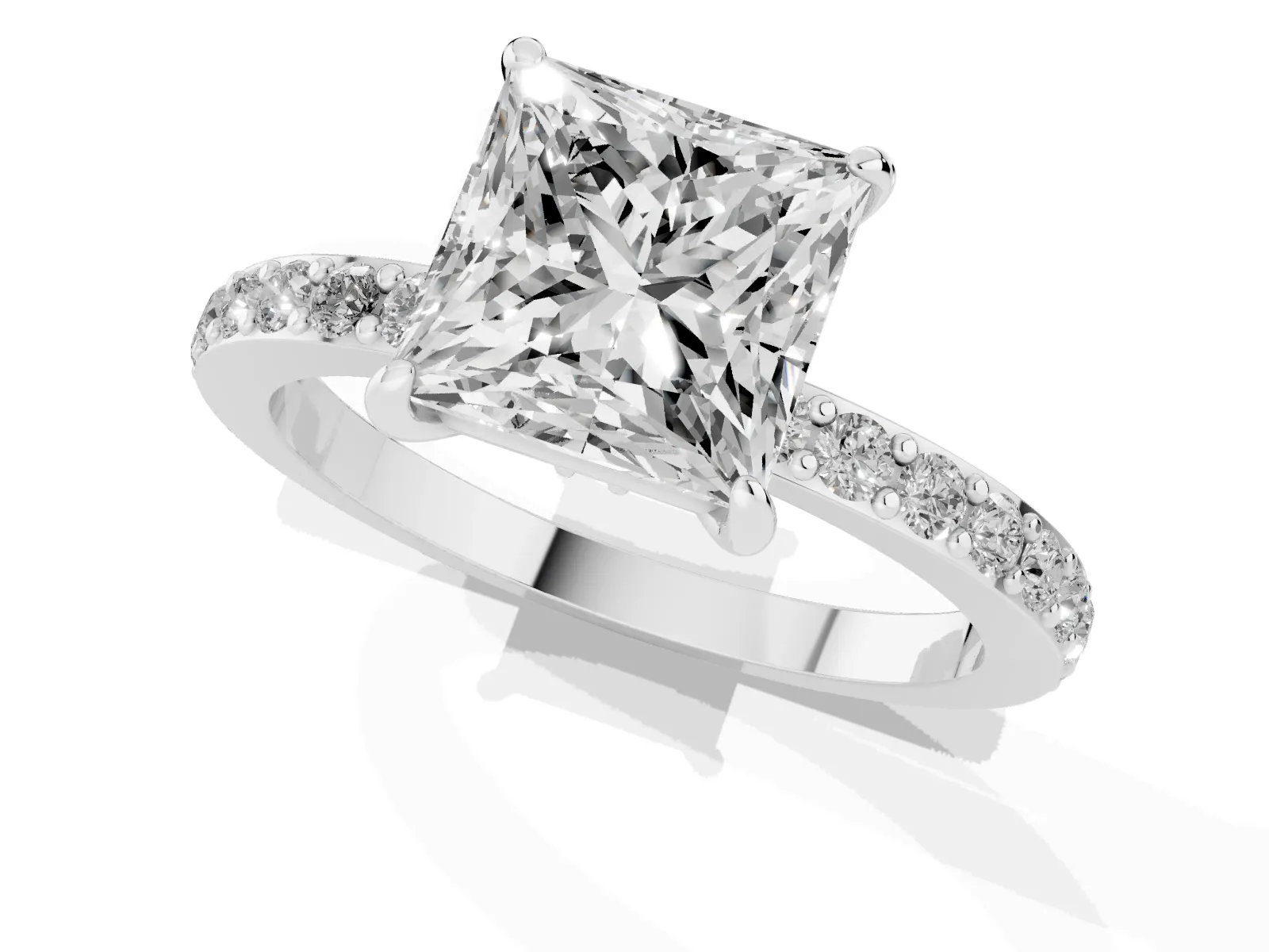 Princess Cut Diamond Solitaire Engagement Ring with Pavé Band and Four-Prong Setting White gold